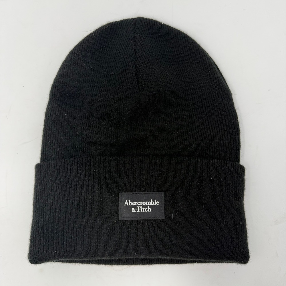 Abercrombie & Fitch Logo Patch Knit Beanie Hat Black Ribbed Women One Size